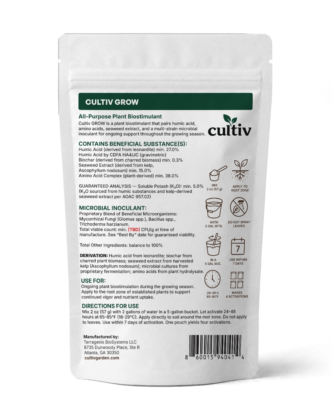 Cultiv GROW, 8 oz standing pouch — back label