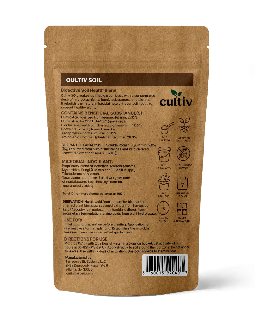 Cultiv SOIL, 8 oz standing pouch — back label